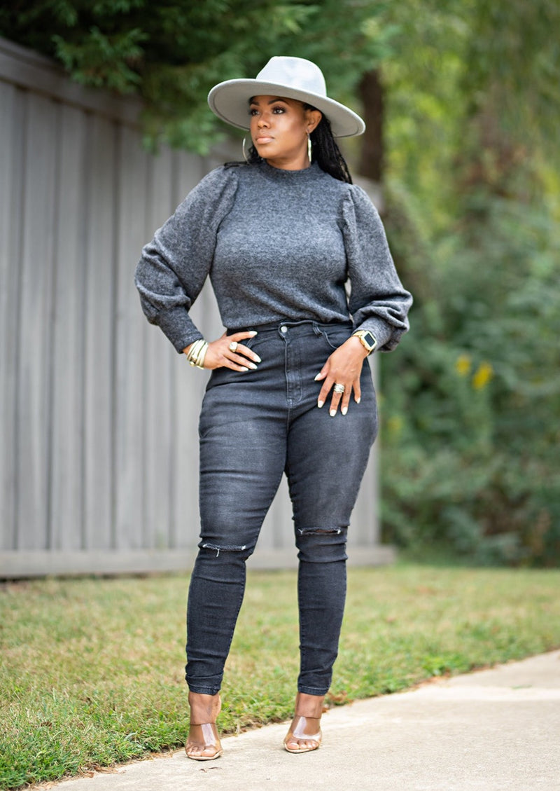 Grey puff deals sleeve sweater