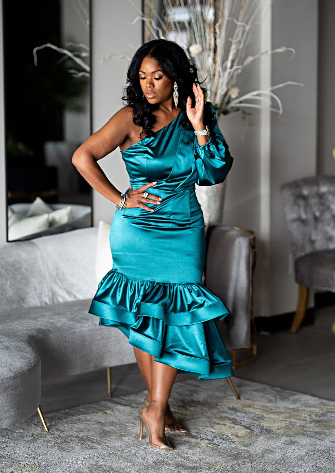 Crystal | Satin Ruffle Dress {Emerald}